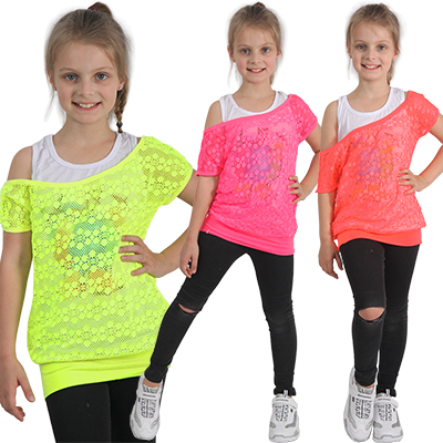 Neon Kinder Zweiteiler Set Träger Top + Netz Shirt
